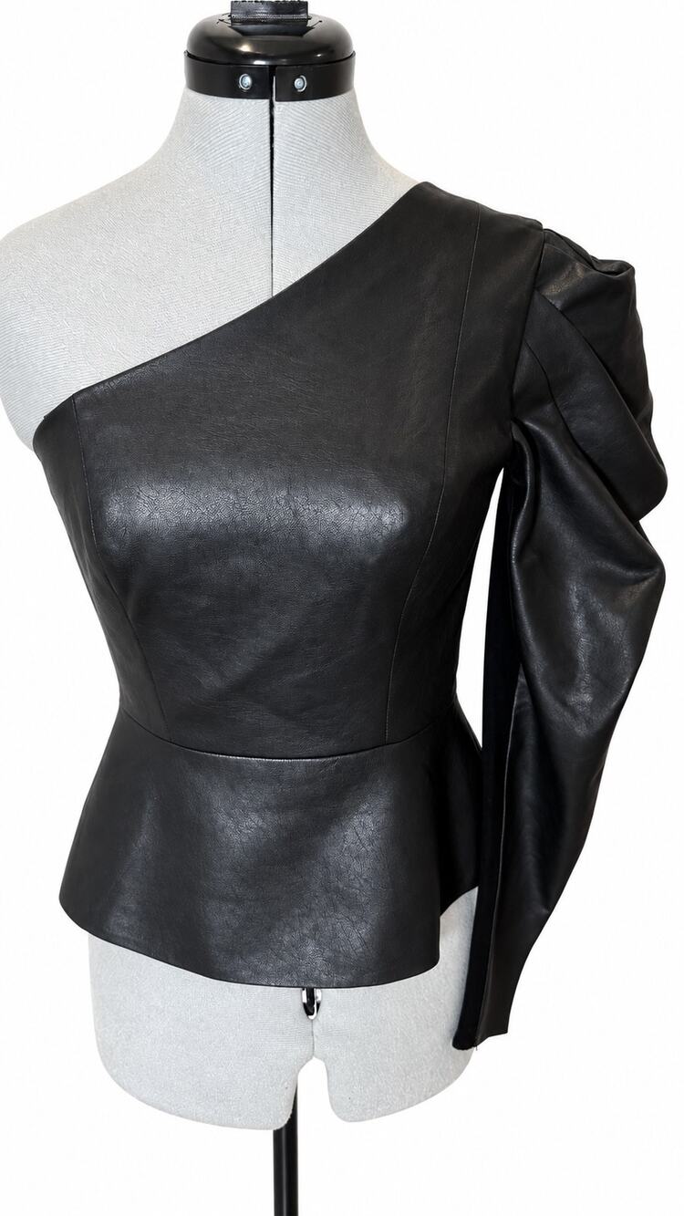 BCBGMAXAZRIA Black Faux Leather One-Shoulder Sculptural Sleeve Top